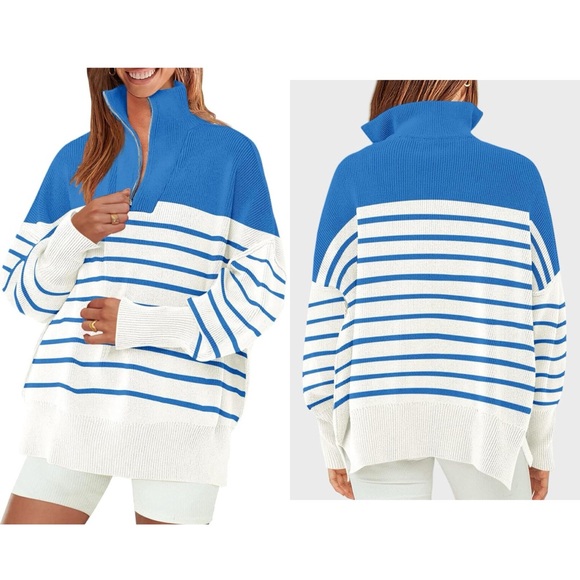 Striped Sweaters Half Zipper Long Sleeve Ribbed Knit Loose Oversized Pullover M - Picture 1 of 17